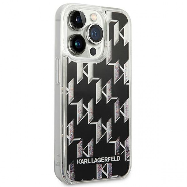 Karl Lagerfeld iPhone 14 Pro - Liquid Glitter Monogram Σκληρή Θήκη με Πλαίσιο Σιλικόνης - Black - KLHCP14LLMNMK