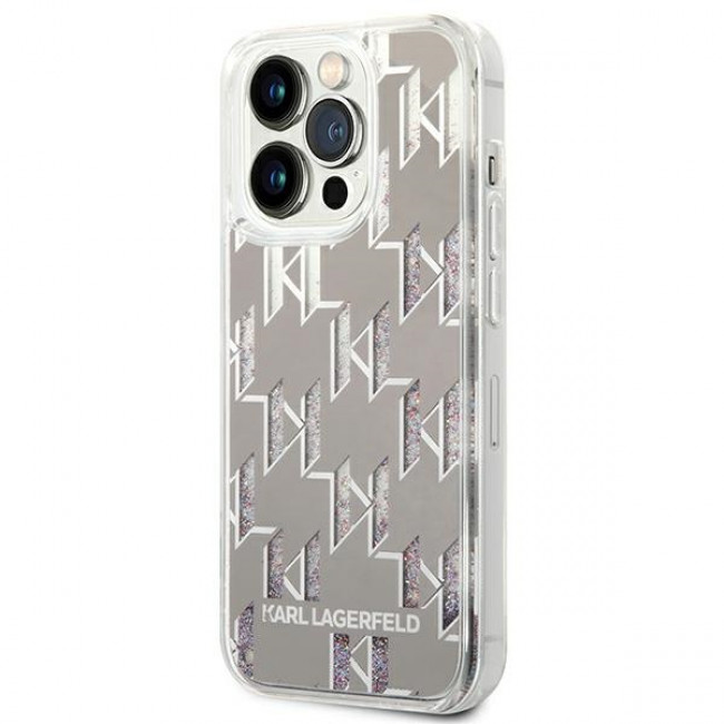 Karl Lagerfeld iPhone 14 Pro - Liquid Glitter Monogram Σκληρή Θήκη με Πλαίσιο Σιλικόνης - Silver - KLHCP14LLMNMS