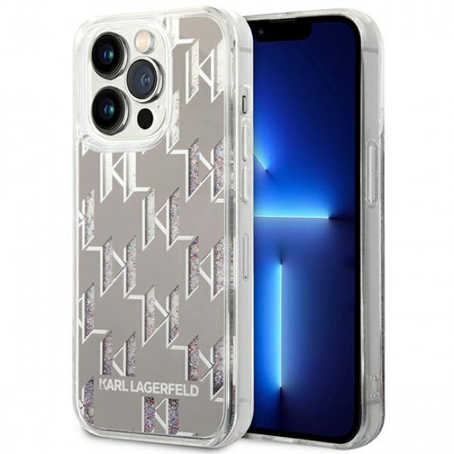 Karl Lagerfeld iPhone 14 Pro - Liquid Glitter Monogram Σκληρή Θήκη με Πλαίσιο Σιλικόνης - Silver - KLHCP14LLMNMS