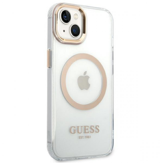 Guess iPhone 14 Metal Outline MagSafe Σκληρή Θήκη με Πλαίσιο Σιλικόνης και MagSafe - Gold / Clear - GUHMP14SHTRMD