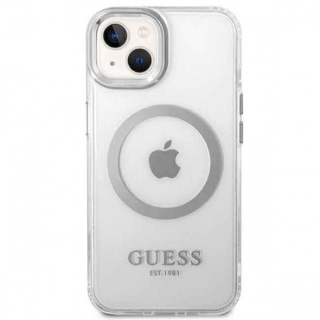 Guess iPhone 14 Metal Outline MagSafe Σκληρή Θήκη με Πλαίσιο Σιλικόνης και MagSafe - Silver / Clear - GUHMP14SHTRMS