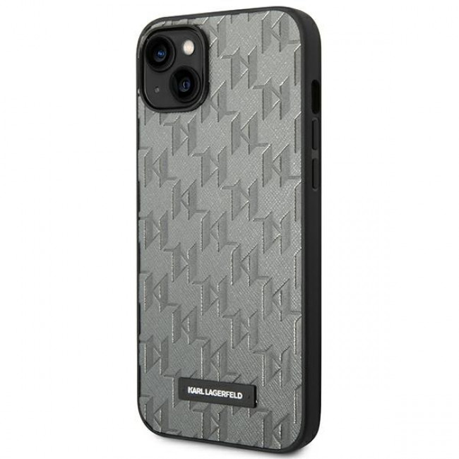 Karl Lagerfeld iPhone 14 - Saffiano Mono Metal Logo Σκληρή Θήκη με Επένδυση Συνθετικού Δέρματος και Πλαίσιο Σιλικόνης - Grey - KLHCP14SSAKLHPG