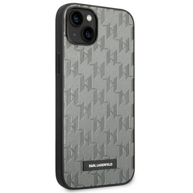 Karl Lagerfeld iPhone 14 - Saffiano Mono Metal Logo Σκληρή Θήκη με Επένδυση Συνθετικού Δέρματος και Πλαίσιο Σιλικόνης - Grey - KLHCP14SSAKLHPG