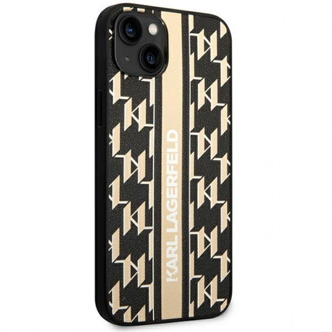 Karl Lagerfeld iPhone 14 - Monogram Stripe Σκληρή Θήκη με Επένδυση Συνθετικού Δέρματος και Πλαίσιο Σιλικόνης - Brown - KLHCP14SPGKLSKW