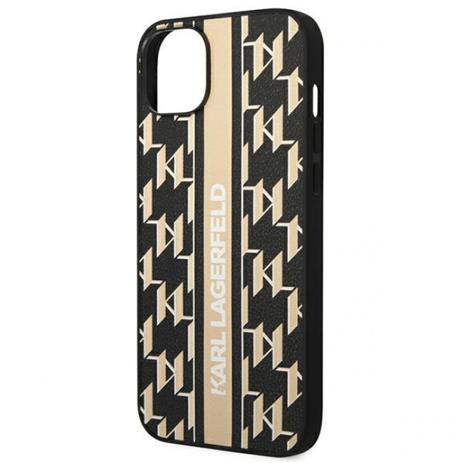 Karl Lagerfeld iPhone 14 - Monogram Stripe Σκληρή Θήκη με Επένδυση Συνθετικού Δέρματος και Πλαίσιο Σιλικόνης - Brown - KLHCP14SPGKLSKW