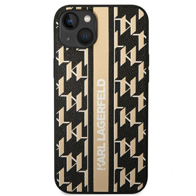 Karl Lagerfeld iPhone 14 - Monogram Stripe Σκληρή Θήκη με Επένδυση Συνθετικού Δέρματος και Πλαίσιο Σιλικόνης - Brown - KLHCP14SPGKLSKW