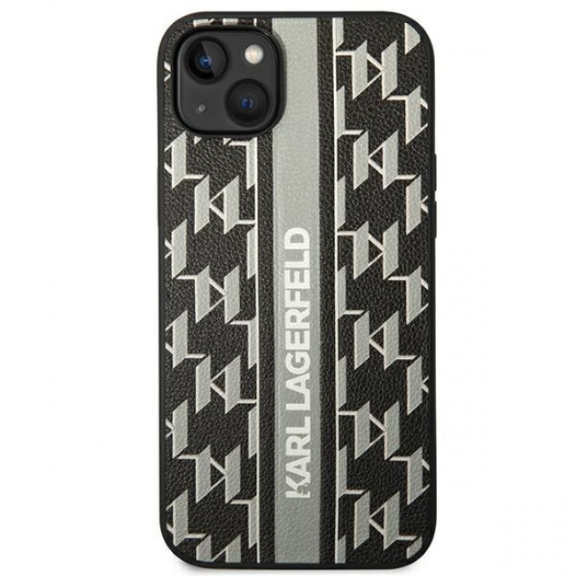 Karl Lagerfeld iPhone 14 - Monogram Stripe Σκληρή Θήκη με Επένδυση Συνθετικού Δέρματος και Πλαίσιο Σιλικόνης - Grey - KLHCP14SPGKLSKG