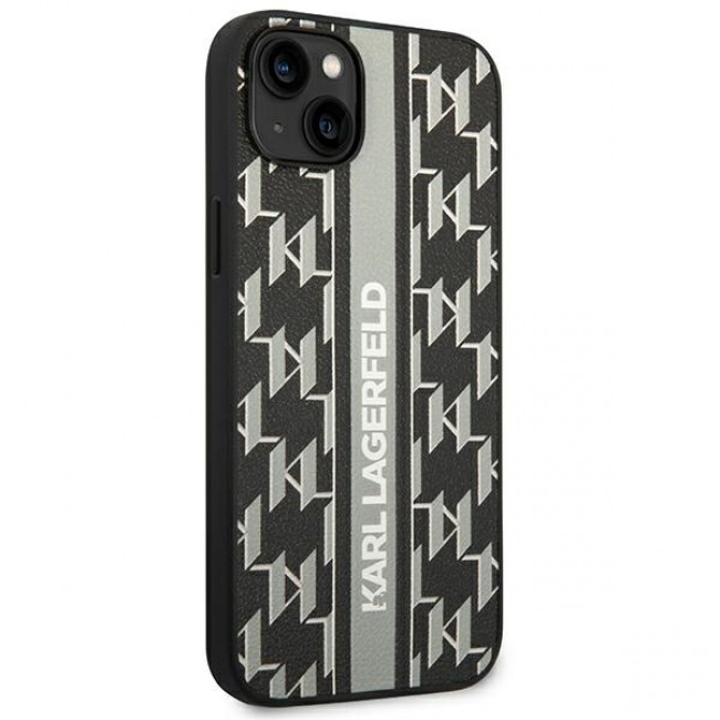 Karl Lagerfeld iPhone 14 - Monogram Stripe Σκληρή Θήκη με Επένδυση Συνθετικού Δέρματος και Πλαίσιο Σιλικόνης - Grey - KLHCP14SPGKLSKG