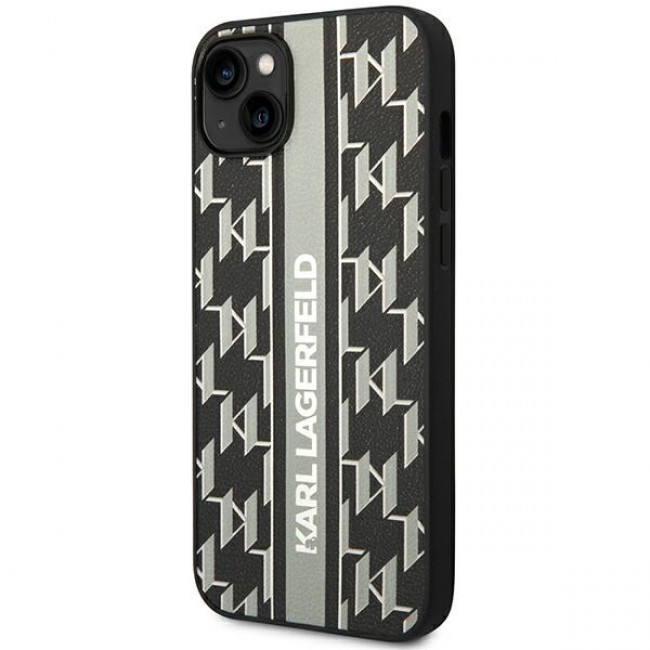 Karl Lagerfeld iPhone 14 - Monogram Stripe Σκληρή Θήκη με Επένδυση Συνθετικού Δέρματος και Πλαίσιο Σιλικόνης - Grey - KLHCP14SPGKLSKG