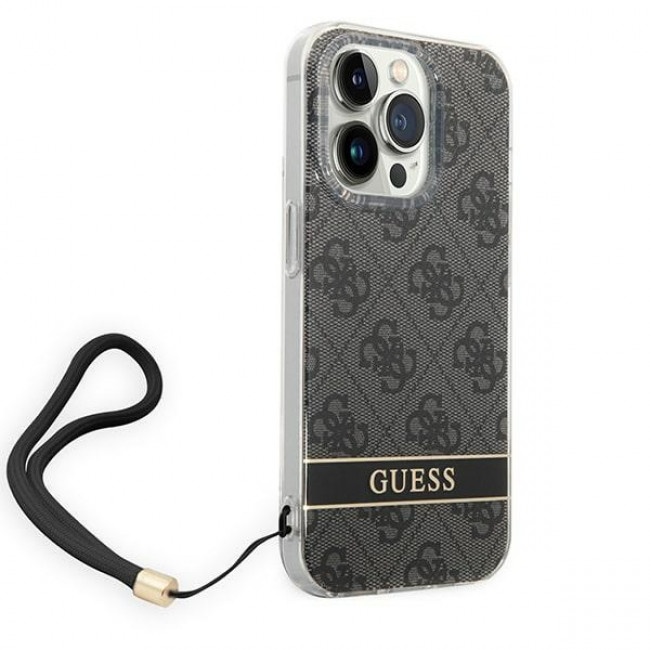 Guess iPhone 14 Pro 4G Print Strap Σκληρή Θήκη με Πλαίσιο Σιλικόνης και Λουράκι - Black - GUOHCP14LH4STK