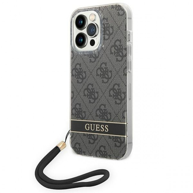 Guess iPhone 14 Pro 4G Print Strap Σκληρή Θήκη με Πλαίσιο Σιλικόνης και Λουράκι - Black - GUOHCP14LH4STK