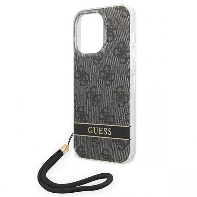 Guess iPhone 14 Pro 4G Print Strap Σκληρή Θήκη με Πλαίσιο Σιλικόνης και Λουράκι - Black - GUOHCP14LH4STK