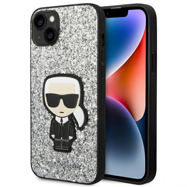 Karl Lagerfeld iPhone 14 - Glitter Flakes Ikonik Σκληρή Θήκη με Πλαίσιο Σιλικόνης - Silver - KLHCP14SGFKPG