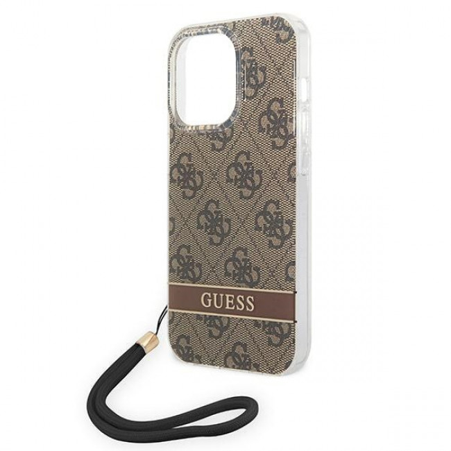 Guess iPhone 14 Pro 4G Print Strap Σκληρή Θήκη με Πλαίσιο Σιλικόνης και Λουράκι - Brown - GUOHCP14LH4STW