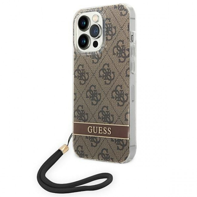 Guess iPhone 14 Pro 4G Print Strap Σκληρή Θήκη με Πλαίσιο Σιλικόνης και Λουράκι - Brown - GUOHCP14LH4STW