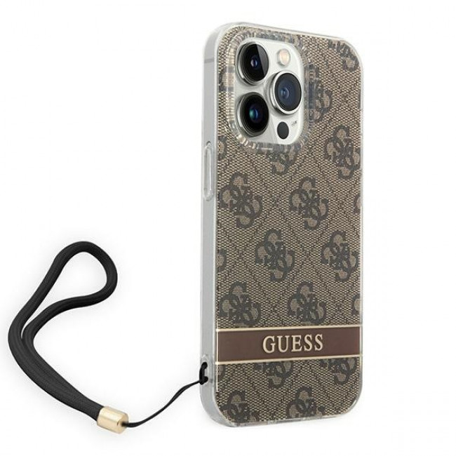 Guess iPhone 14 Pro 4G Print Strap Σκληρή Θήκη με Πλαίσιο Σιλικόνης και Λουράκι - Brown - GUOHCP14LH4STW