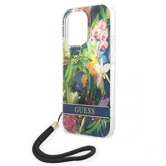 Guess iPhone 14 Pro Flower Strap Σκληρή Θήκη με Πλαίσιο Σιλικόνης και Λουράκι - Blue - GUOHCP14LHFLSB