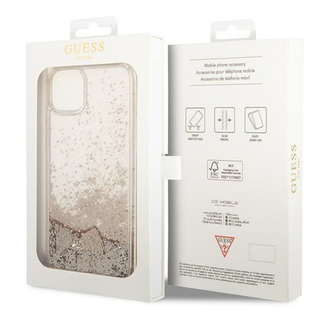 Guess iPhone 14 Plus - Glitter Charms Σκληρή Θήκη με Πλαίσιο Σιλικόνης - Gold - GUOHCP14MGLHFLGO