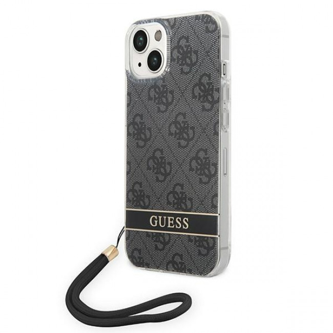 Guess iPhone 14 Plus 4G Print Strap Σκληρή Θήκη με Πλαίσιο Σιλικόνης και Λουράκι - Black - GUOHCP14MH4STK