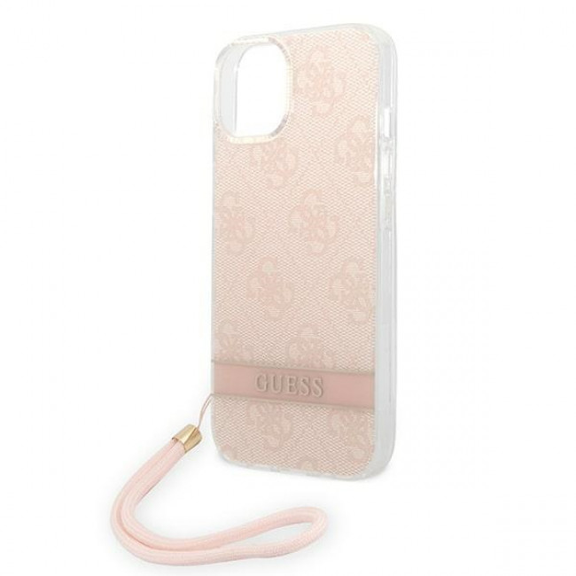 Guess iPhone 14 Plus 4G Print Strap Σκληρή Θήκη με Πλαίσιο Σιλικόνης και Λουράκι - Pink - GUOHCP14MH4STP