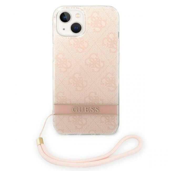 Guess iPhone 14 Plus 4G Print Strap Σκληρή Θήκη με Πλαίσιο Σιλικόνης και Λουράκι - Pink - GUOHCP14MH4STP