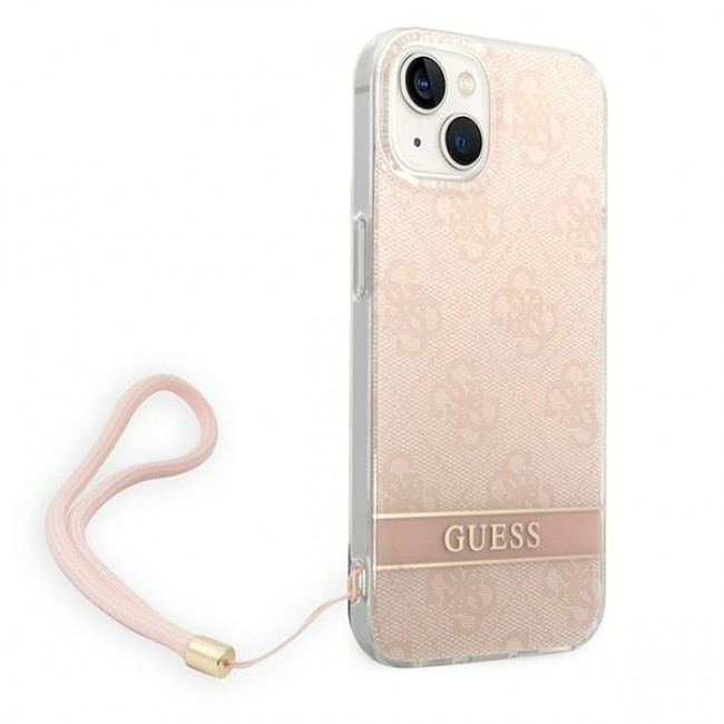 Guess iPhone 14 Plus 4G Print Strap Σκληρή Θήκη με Πλαίσιο Σιλικόνης και Λουράκι - Pink - GUOHCP14MH4STP