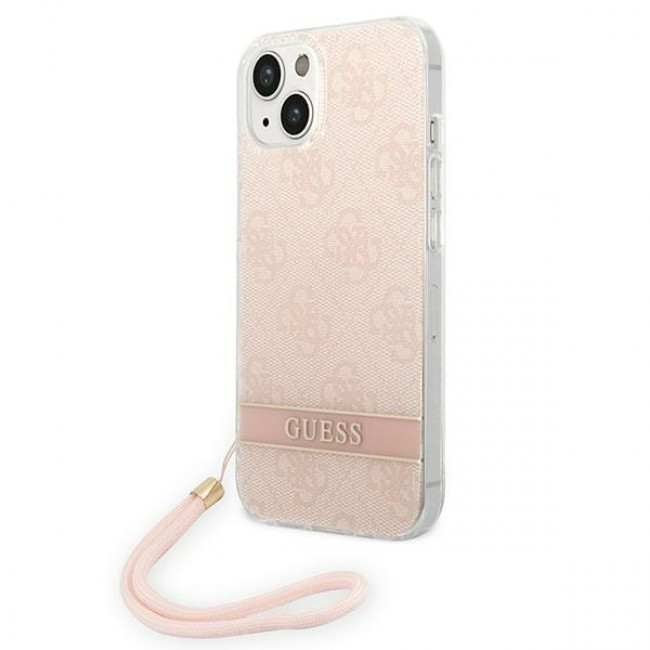 Guess iPhone 14 Plus 4G Print Strap Σκληρή Θήκη με Πλαίσιο Σιλικόνης και Λουράκι - Pink - GUOHCP14MH4STP