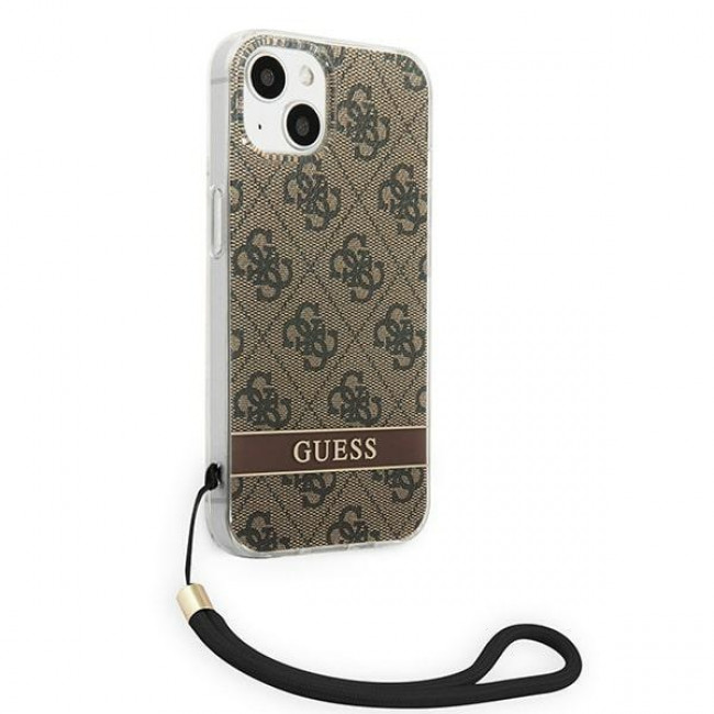 Guess iPhone 14 Plus 4G Print Strap Σκληρή Θήκη με Πλαίσιο Σιλικόνης και Λουράκι - Brown - GUOHCP14MH4STW