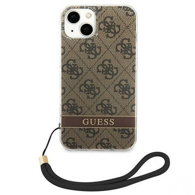 Guess iPhone 14 Plus 4G Print Strap Σκληρή Θήκη με Πλαίσιο Σιλικόνης και Λουράκι - Brown - GUOHCP14MH4STW