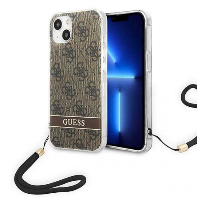 Guess iPhone 14 Plus 4G Print Strap Σκληρή Θήκη με Πλαίσιο Σιλικόνης και Λουράκι - Brown - GUOHCP14MH4STW