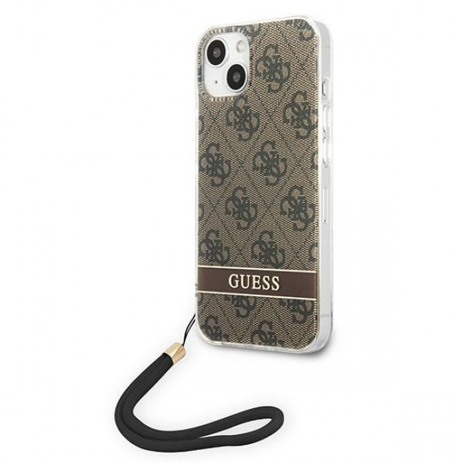 Guess iPhone 14 Plus 4G Print Strap Σκληρή Θήκη με Πλαίσιο Σιλικόνης και Λουράκι - Brown - GUOHCP14MH4STW