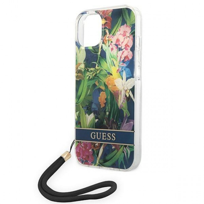 Guess iPhone 14 Plus Flower Strap Σκληρή Θήκη με Πλαίσιο Σιλικόνης και Λουράκι - Blue - GUOHCP14MHFLSB