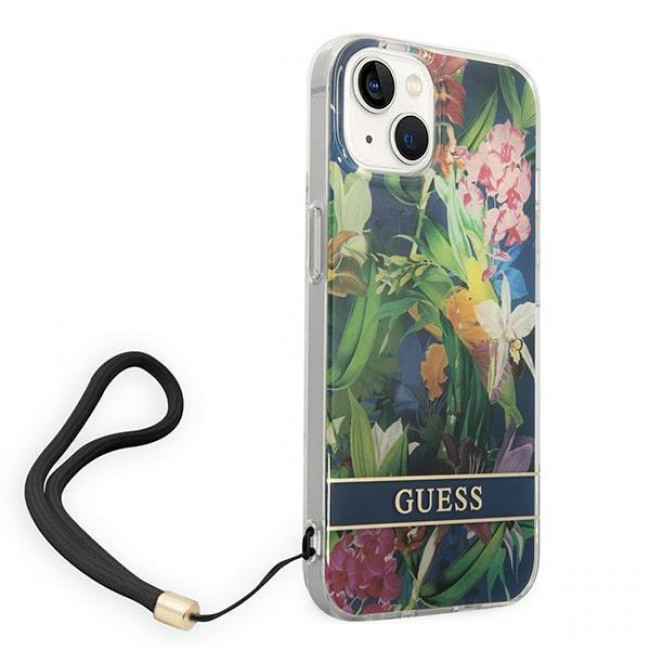 Guess iPhone 14 Plus Flower Strap Σκληρή Θήκη με Πλαίσιο Σιλικόνης και Λουράκι - Blue - GUOHCP14MHFLSB