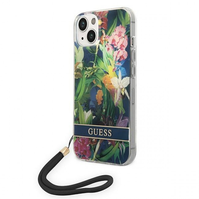 Guess iPhone 14 Plus Flower Strap Σκληρή Θήκη με Πλαίσιο Σιλικόνης και Λουράκι - Blue - GUOHCP14MHFLSB