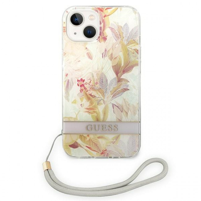 Guess iPhone 14 Plus Flower Strap Σκληρή Θήκη με Πλαίσιο Σιλικόνης και Λουράκι - Purple - GUOHCP14MHFLSU