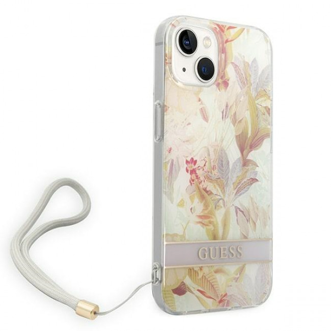 Guess iPhone 14 Plus Flower Strap Σκληρή Θήκη με Πλαίσιο Σιλικόνης και Λουράκι - Purple - GUOHCP14MHFLSU