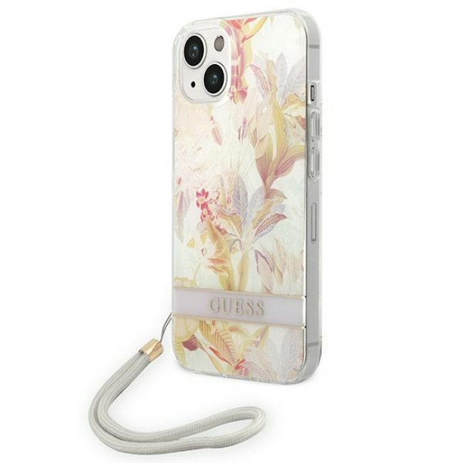 Guess iPhone 14 Plus Flower Strap Σκληρή Θήκη με Πλαίσιο Σιλικόνης και Λουράκι - Purple - GUOHCP14MHFLSU