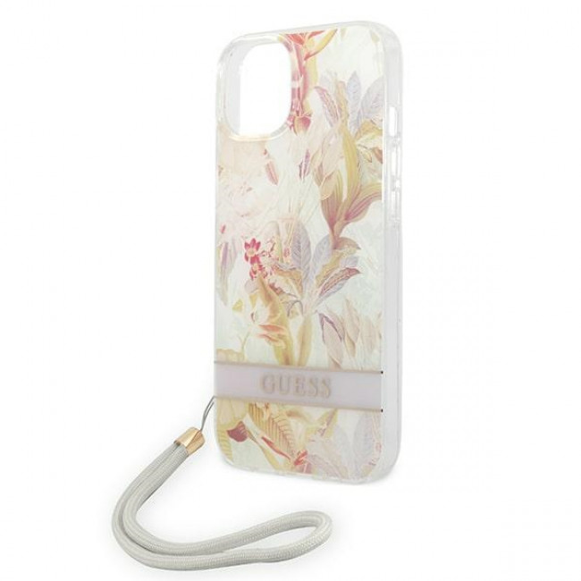 Guess iPhone 14 Plus Flower Strap Σκληρή Θήκη με Πλαίσιο Σιλικόνης και Λουράκι - Purple - GUOHCP14MHFLSU