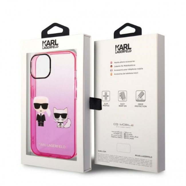 Karl Lagerfeld iPhone 14 Plus - Gradient Ikonik Karl and Choupette Σκληρή Θήκη με Πλαίσιο Σιλικόνης - Pink - KLHCP14MTGKCP