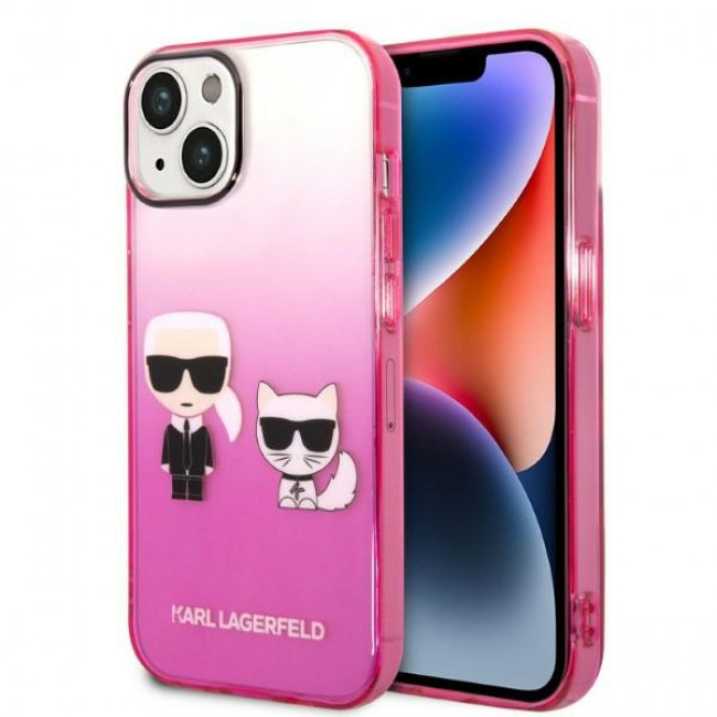 Karl Lagerfeld iPhone 14 Plus - Gradient Ikonik Karl and Choupette Σκληρή Θήκη με Πλαίσιο Σιλικόνης - Pink - KLHCP14MTGKCP