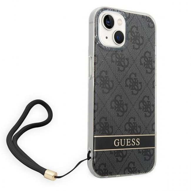 Guess iPhone 14 4G Print Strap Σκληρή Θήκη με Πλαίσιο Σιλικόνης και Λουράκι - Black - GUOHCP14SH4STK