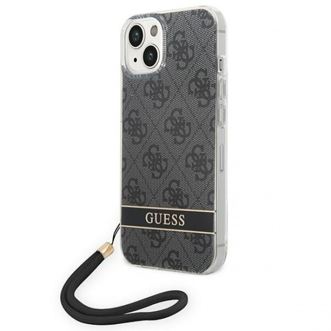 Guess iPhone 14 4G Print Strap Σκληρή Θήκη με Πλαίσιο Σιλικόνης και Λουράκι - Black - GUOHCP14SH4STK