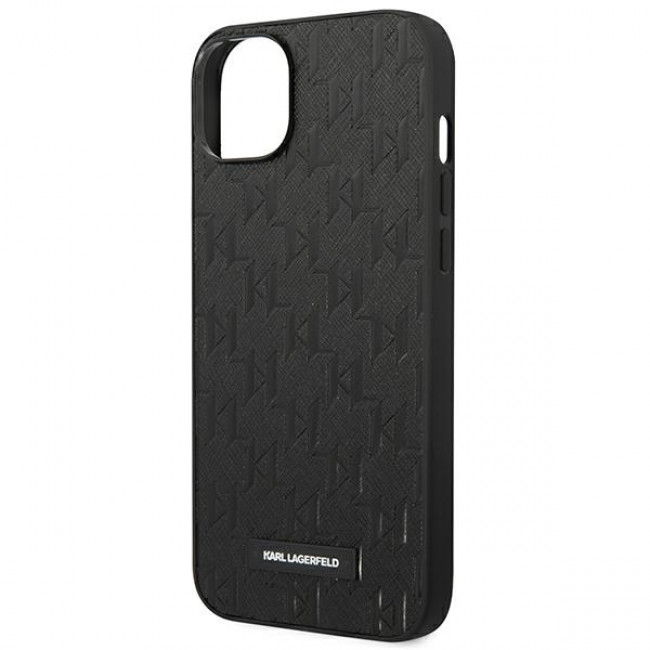 Karl Lagerfeld iPhone 14 Plus - Saffiano Mono Metal Logo Σκληρή Θήκη με Επένδυση Συνθετικού Δέρματος και Πλαίσιο Σιλικόνης - Black - KLHCP14MSAKLHPK