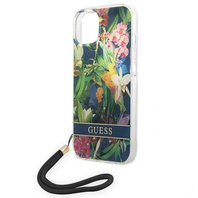 Guess iPhone 14 Flower Strap Σκληρή Θήκη με Πλαίσιο Σιλικόνης και Λουράκι - Blue - GUOHCP14SHFLSB