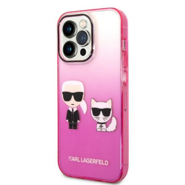 Karl Lagerfeld iPhone 14 Pro - Gradient Ikonik Karl and Choupette Σκληρή Θήκη με Πλαίσιο Σιλικόνης - Pink - KLHCP14LTGKCP