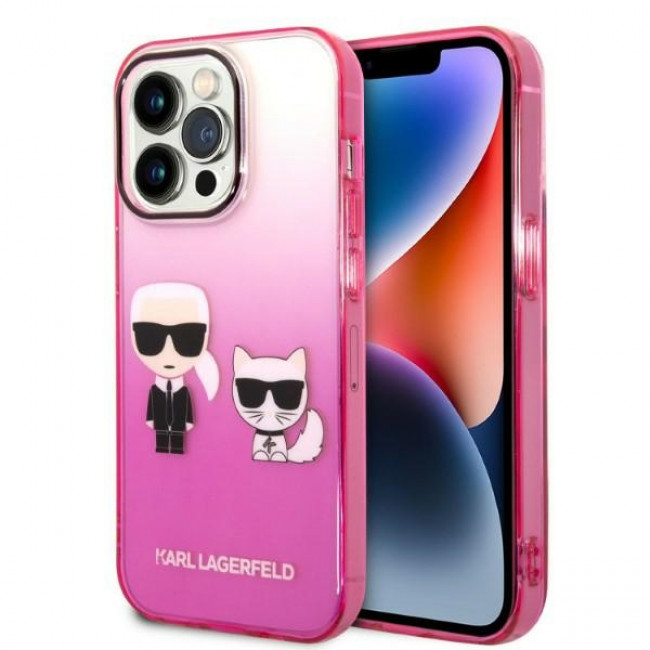 Karl Lagerfeld iPhone 14 Pro - Gradient Ikonik Karl and Choupette Σκληρή Θήκη με Πλαίσιο Σιλικόνης - Pink - KLHCP14LTGKCP