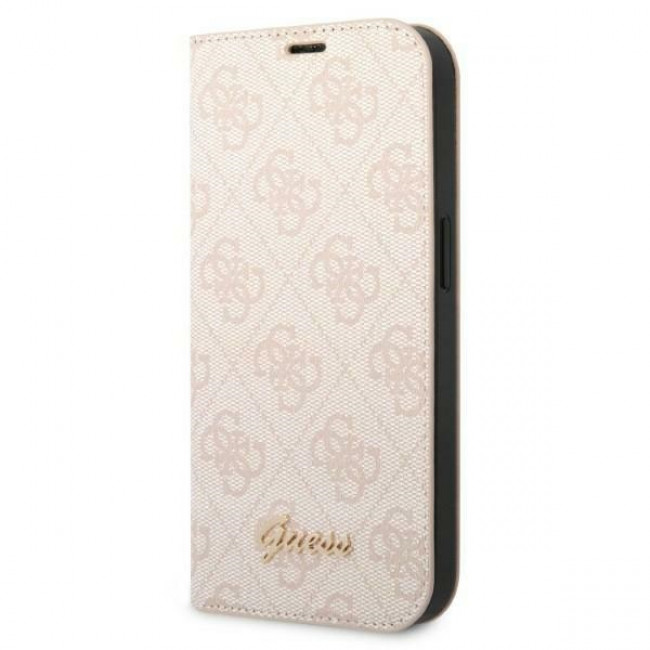 Guess iPhone 14 Pro 4G Vintage Gold Logo Θήκη Βιβλίο από Συνθετικό Δέρμα - Pink - GUBKP14LHG4SHP