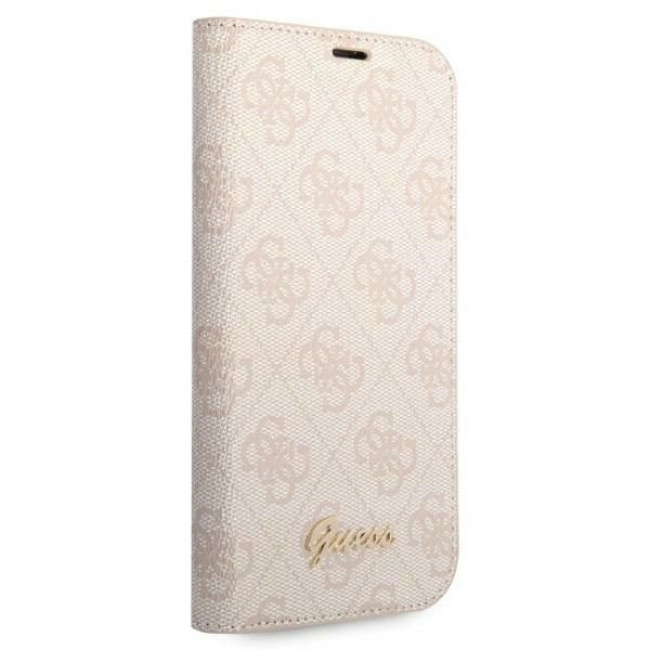 Guess iPhone 14 Pro 4G Vintage Gold Logo Θήκη Βιβλίο από Συνθετικό Δέρμα - Pink - GUBKP14LHG4SHP