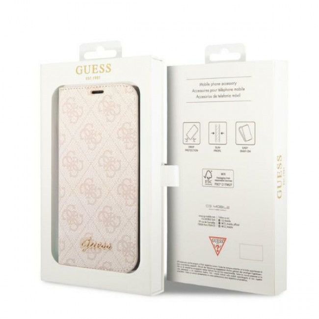 Guess iPhone 14 Pro 4G Vintage Gold Logo Θήκη Βιβλίο από Συνθετικό Δέρμα - Pink - GUBKP14LHG4SHP