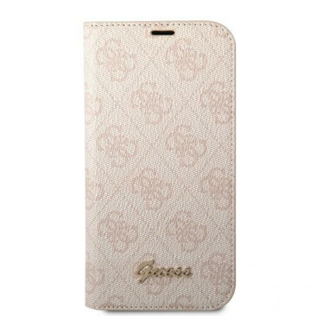 Guess iPhone 14 Pro 4G Vintage Gold Logo Θήκη Βιβλίο από Συνθετικό Δέρμα - Pink - GUBKP14LHG4SHP